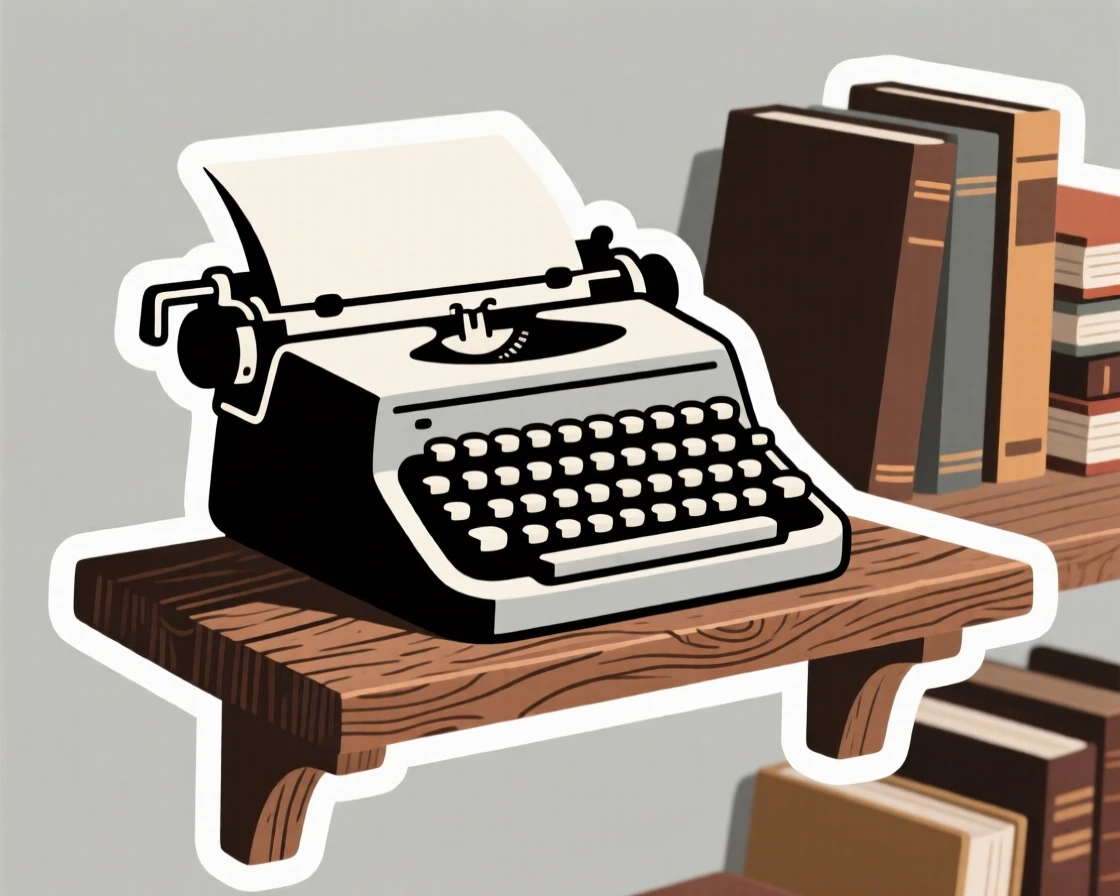 A peaceful vintage typewriter, displayed on a rustic wooden shelf, in a study filled with books.