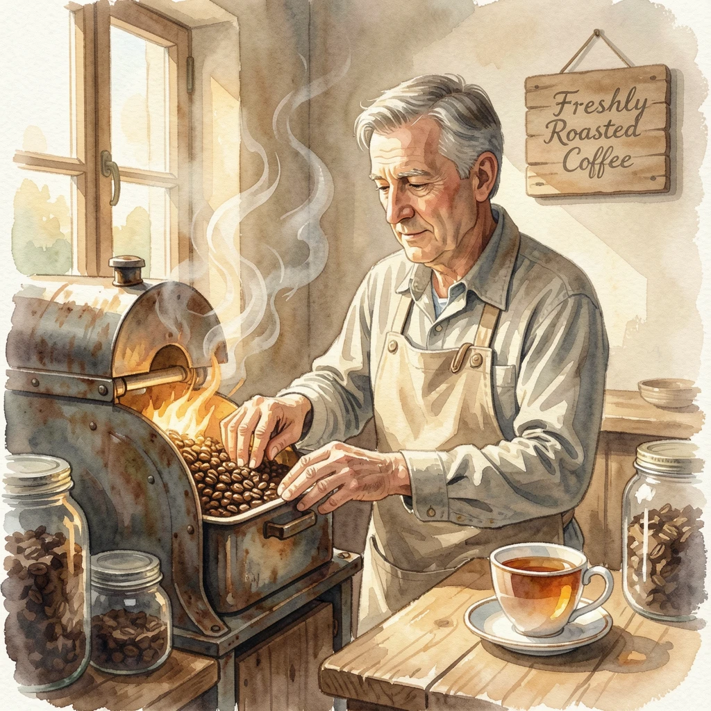 A man roasting coffee beans in a small shop with a warm cup of tea nearby.