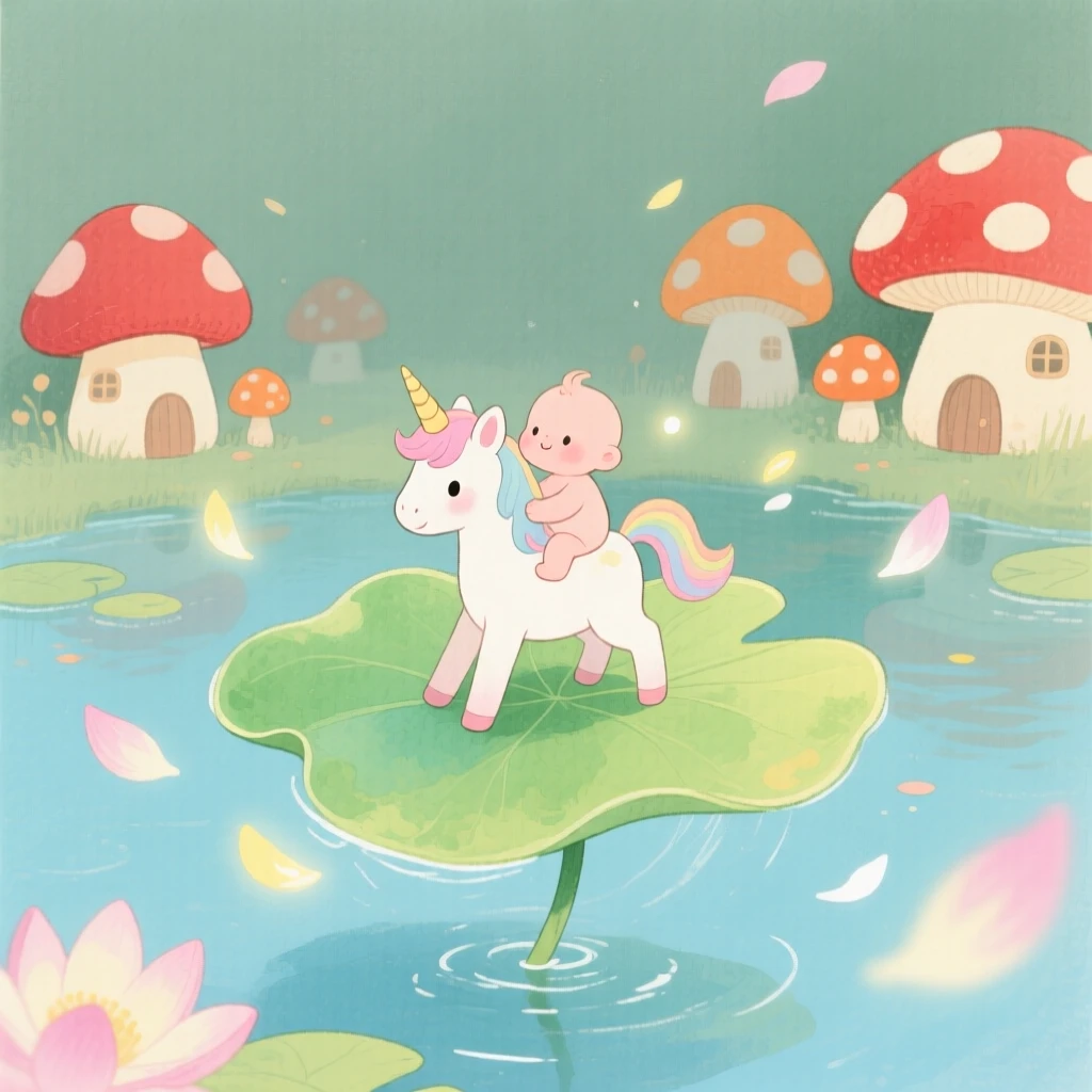A tiny baby unicorn rides atop a drifting lily pad in a village of tiny mushroom houses, surrounded by softly glowing petals