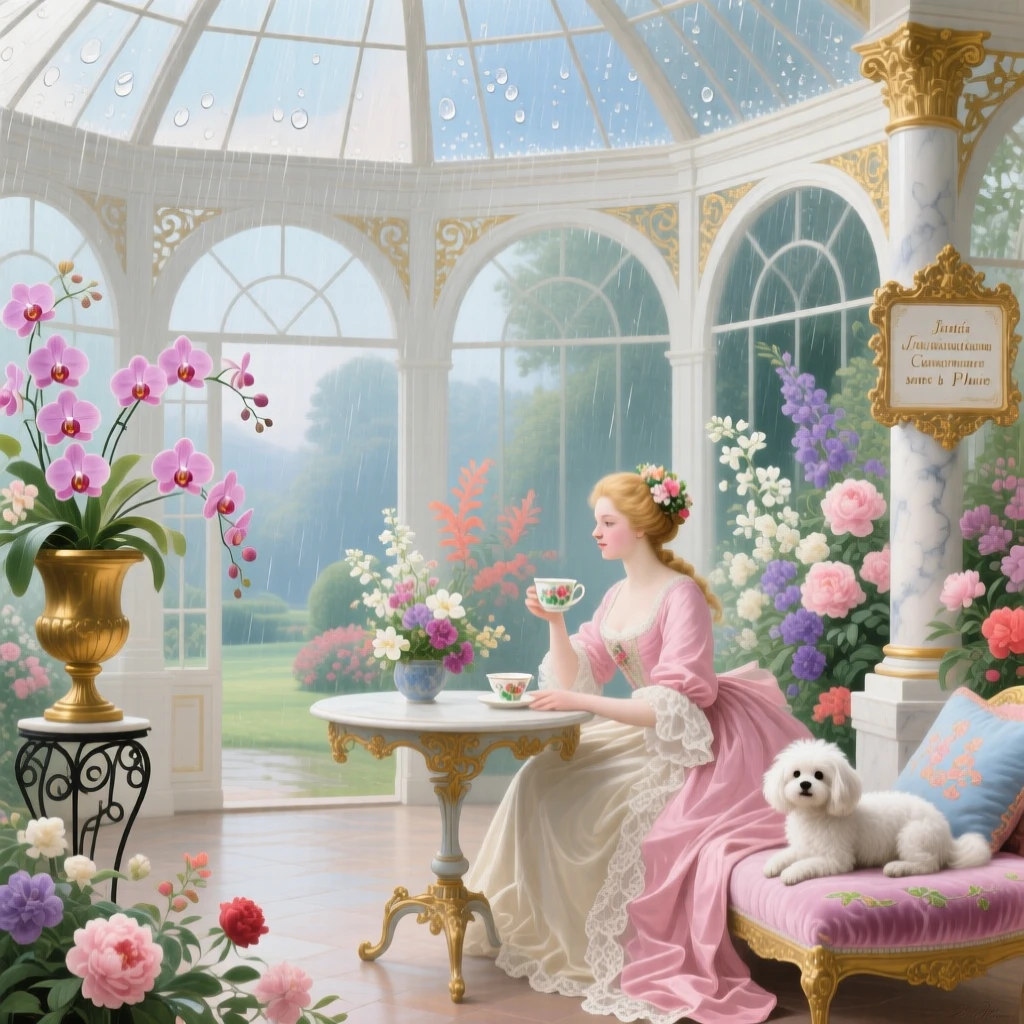 A glass-roofed conservatory where rain falls softly outside among exotic flowers  