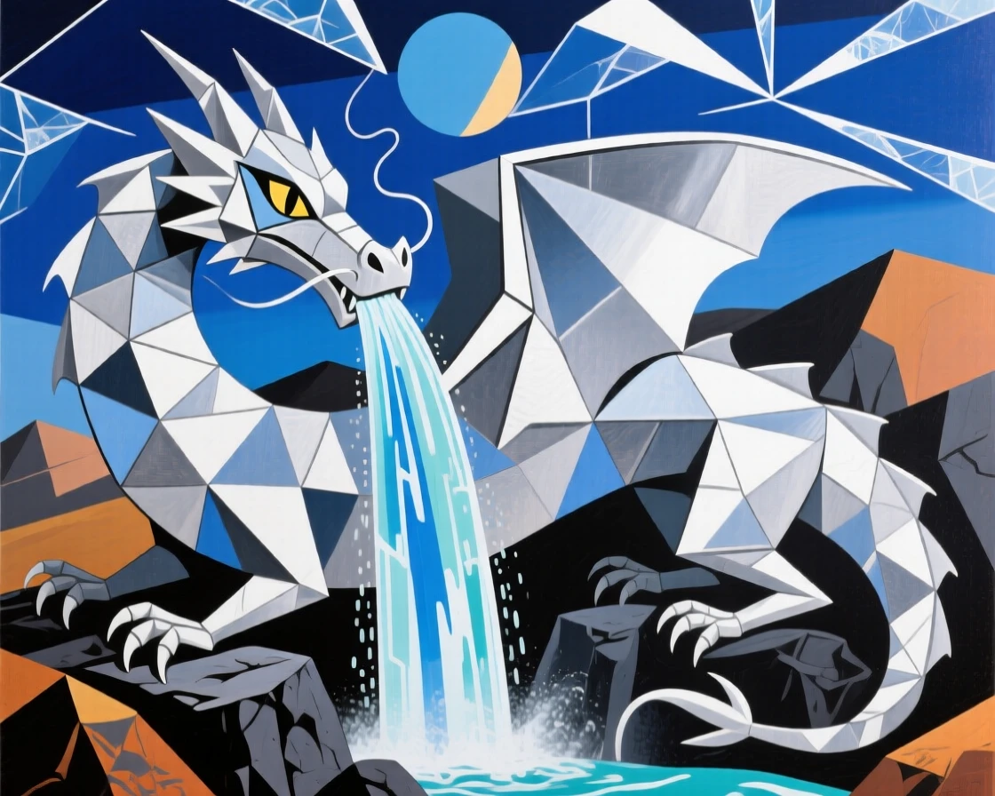 A magical scene of a silver dragon beside a waterfall that flows upward into the sky.
