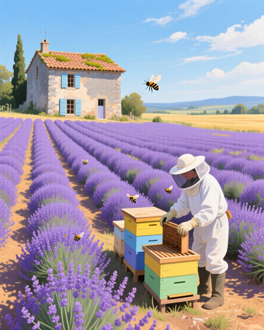 A vast field of lavender stretches to the horizon in Provence, rows converging toward a distant stone farmhouse, a lone beekeeper tending hives near the edge of the fragrant purple expanse.