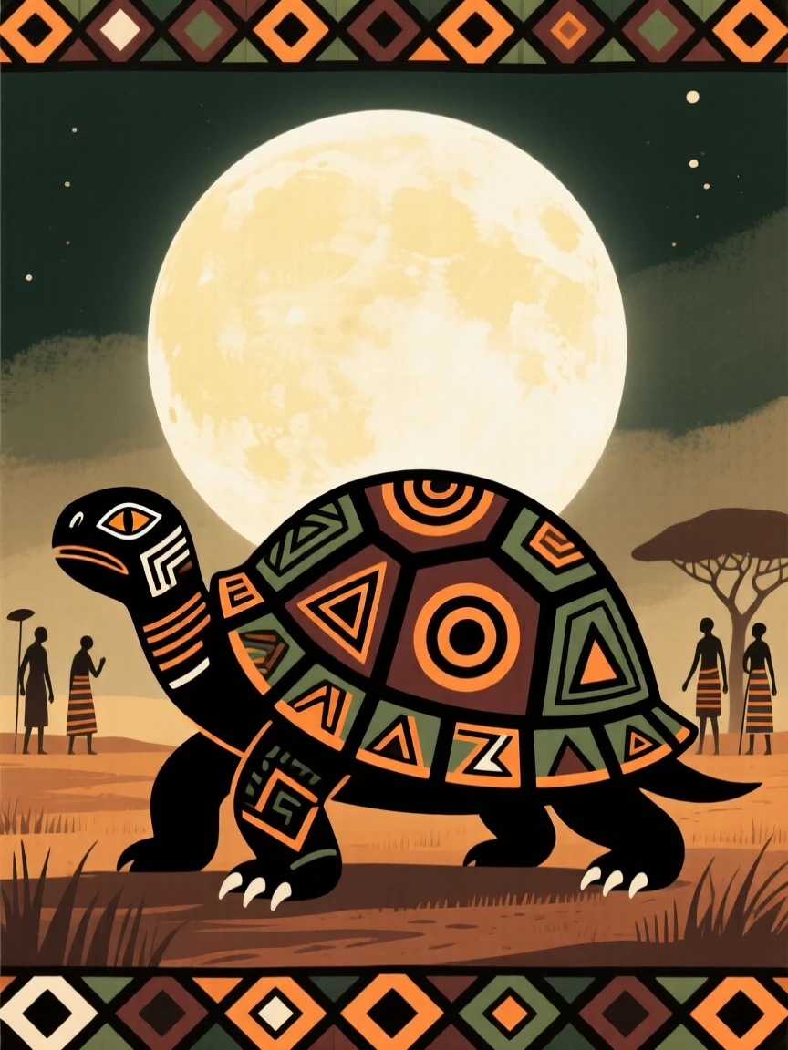 A legendary trickster tortoise appearing to travelers beneath a full moon.