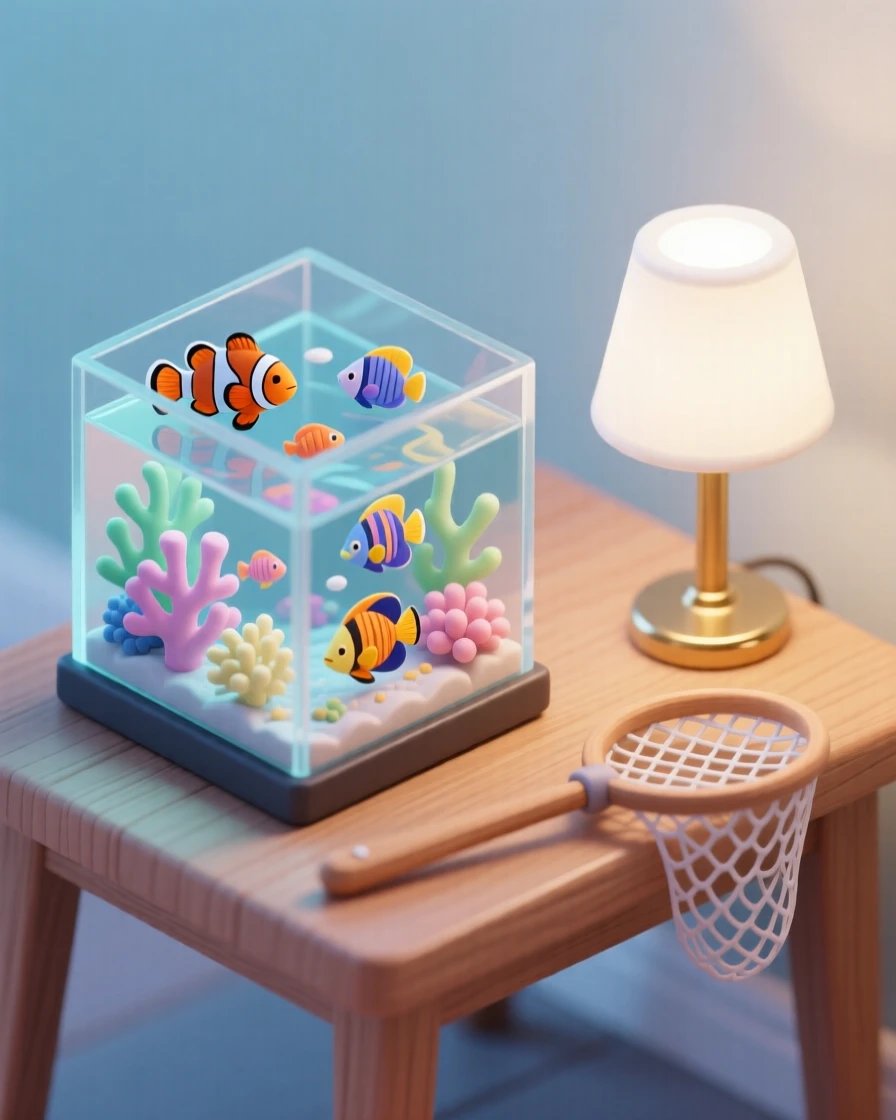 A quiet evening of tending a fish tank, colorful fish swimming among coral decorations, a net resting nearby, and warm lamp light glowing.