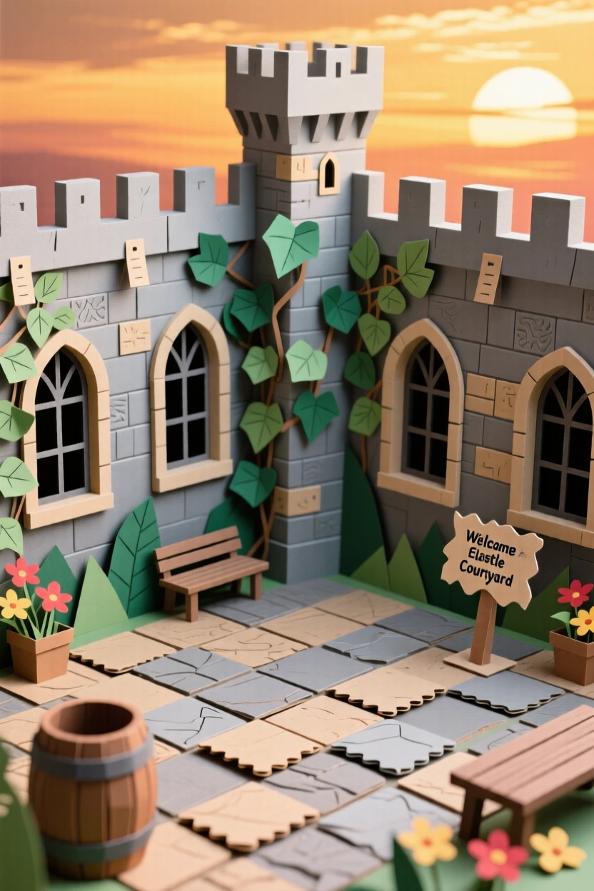 A grand medieval castle courtyard during a golden sunset, ivy climbing weathered stone walls, evoking storybook romance and history.