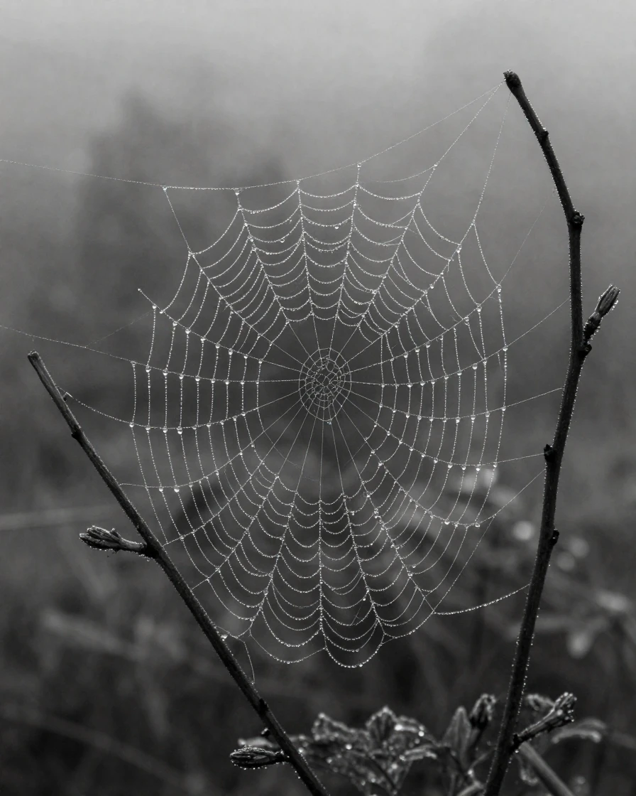 A dew-covered spiderweb glistens in the early morning light between two garden branches.