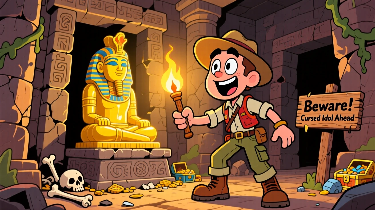 An imaginative fantasy scene of a treasure hunter uncovering a glowing golden idol deep in an ancient temple.