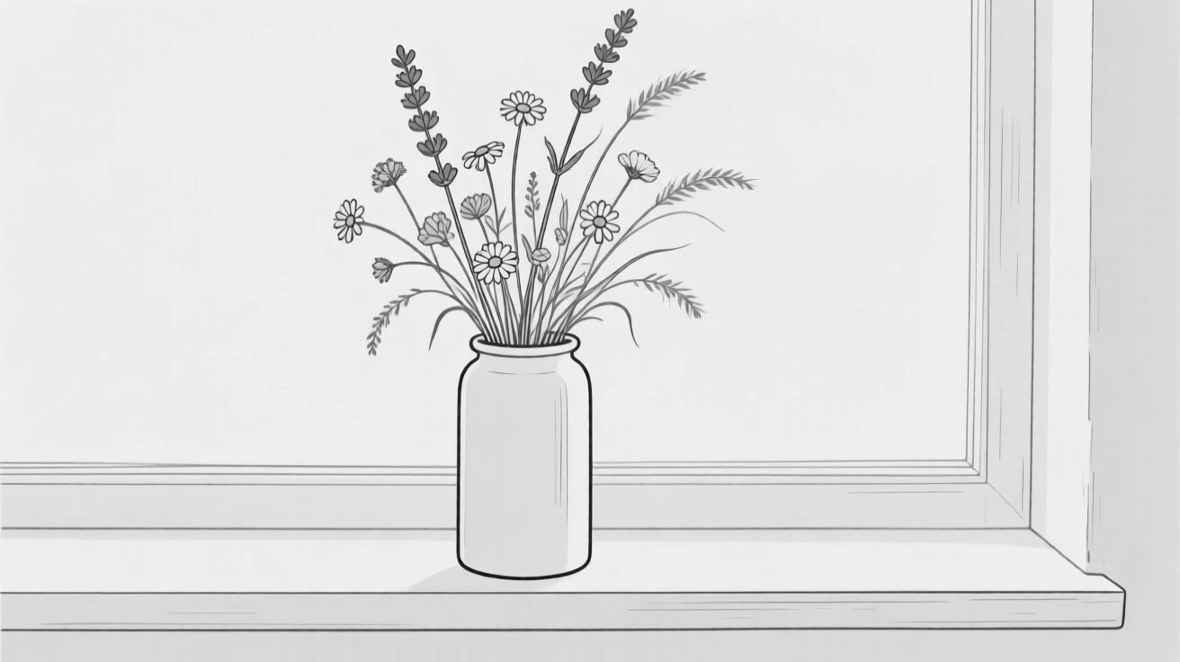 A vase of dried wildflowers on a windowsill