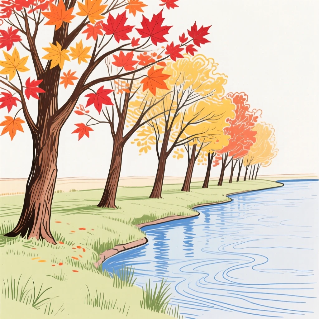 A row of autumn maple trees along a quiet river.