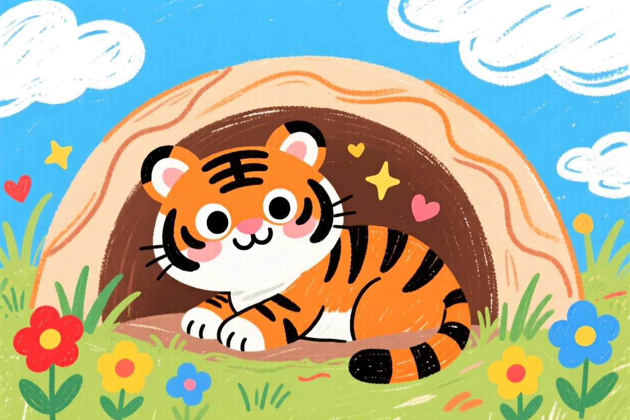 A striped baby tiger snuggled inside a cozy burrow.