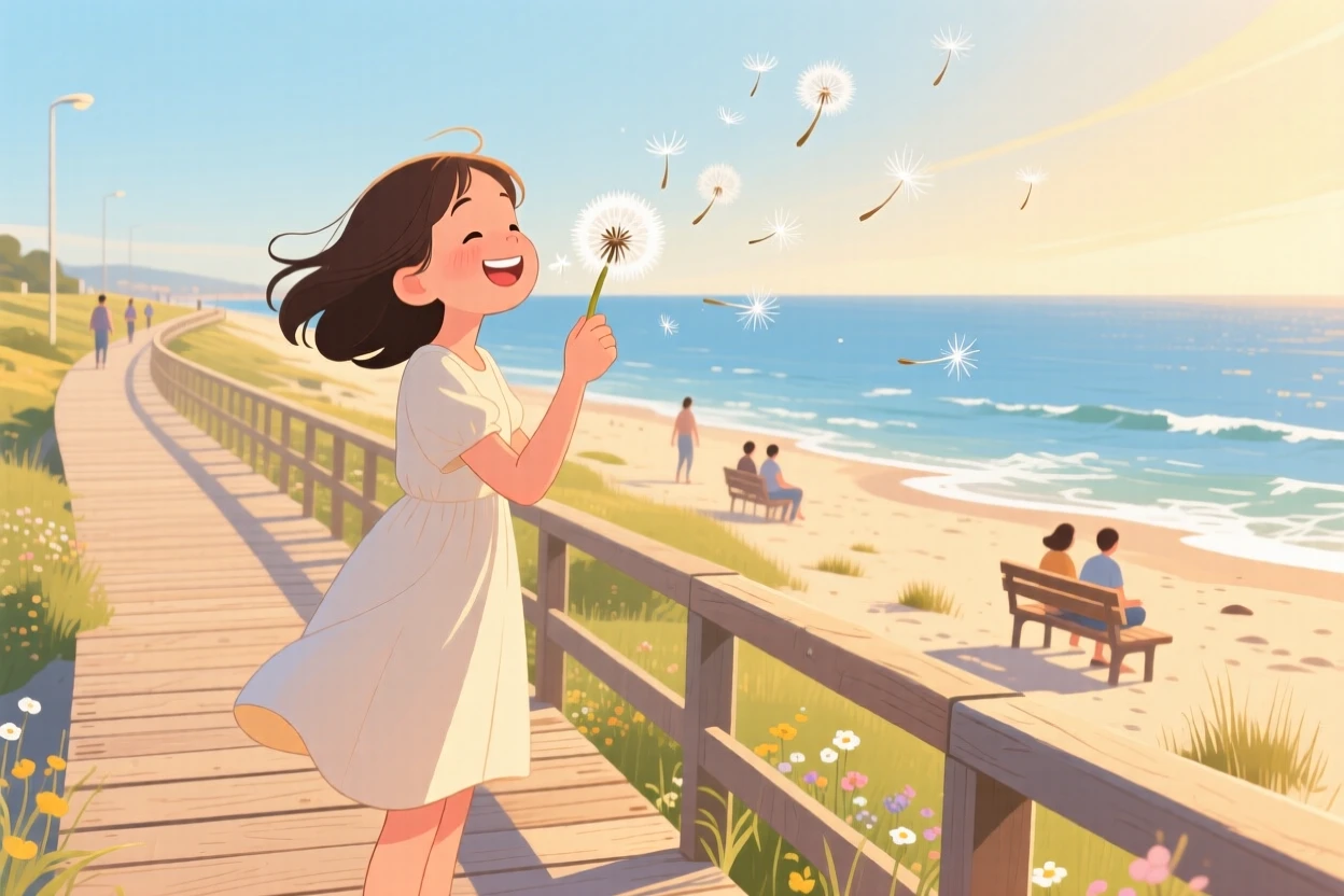 A young girl blowing dandelion seeds into the wind, along a scenic coastal boardwalk, captured in a candid, joyful moment, with a sense of warmth and togetherness in every detail.