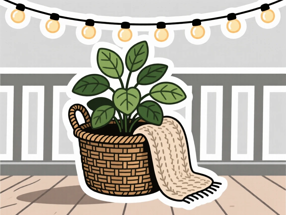 A sweetly detailed houseplant in a woven basket, wrapped in a soft knitted throw, on a balcony with string lights above.
