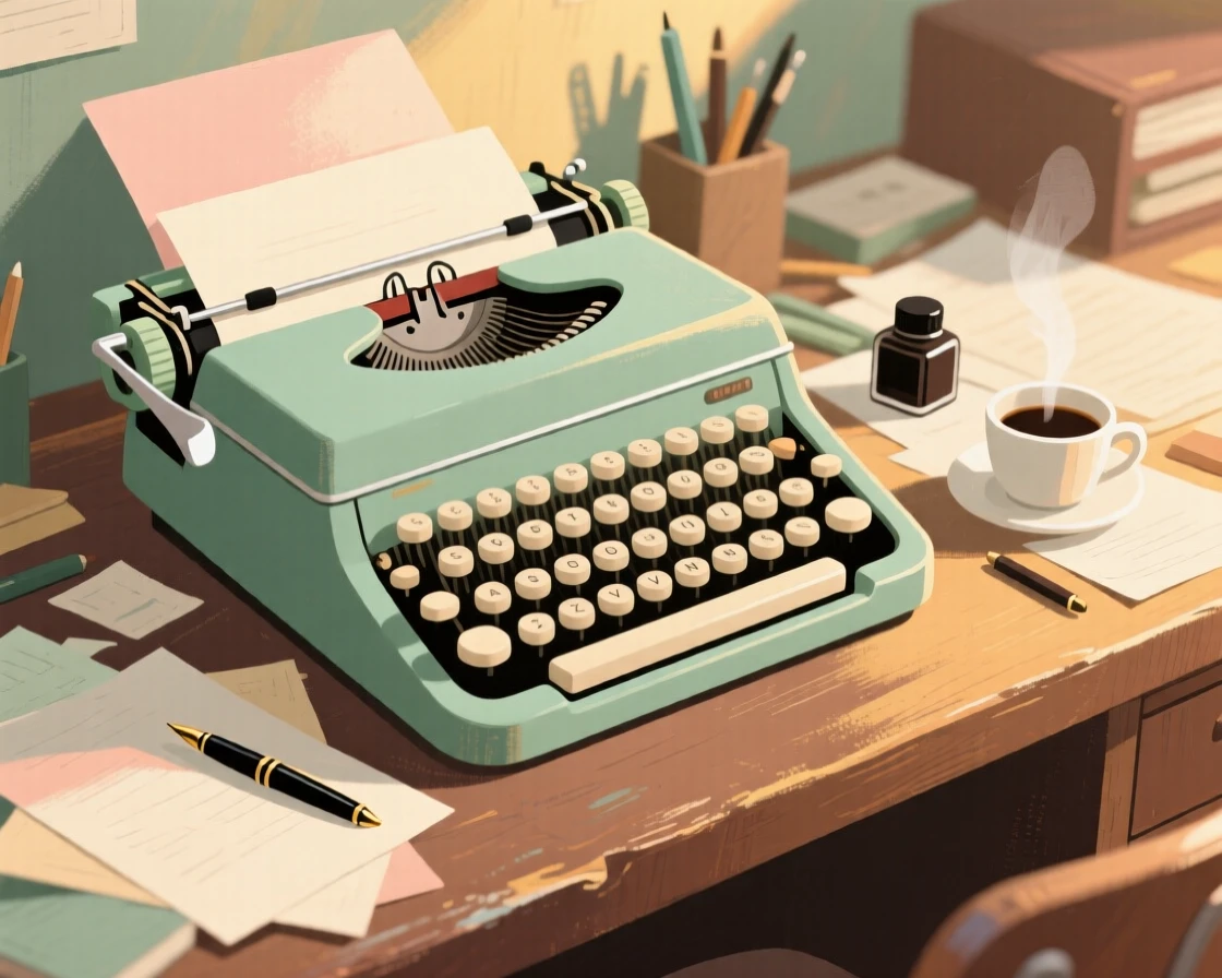 An antique typewriter sitting on a cluttered writer's desk