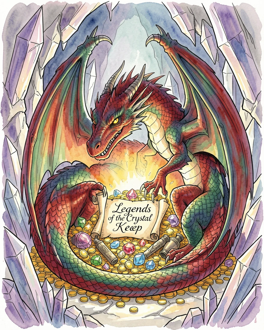 A dragon curled protectively around a glowing treasure hoard deep within a crystal cave