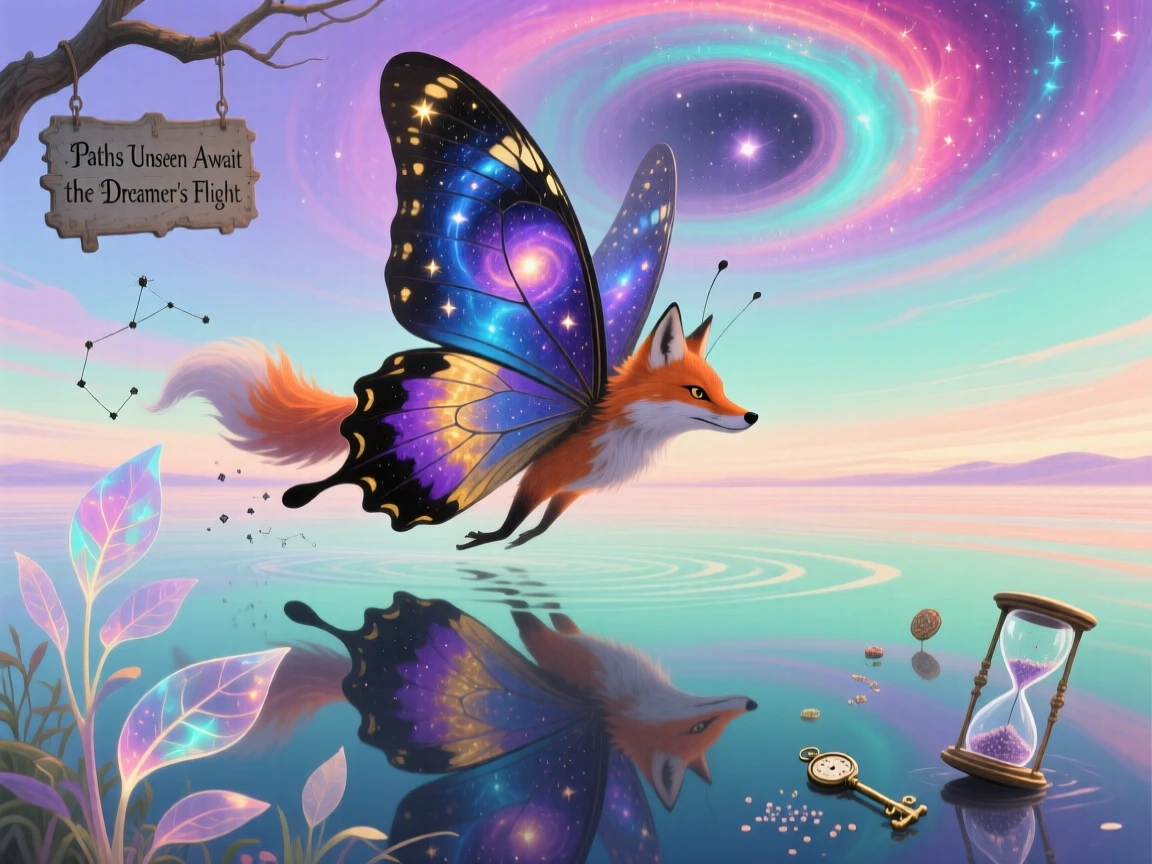 A butterfly whose wings are painted with an entire miniature galaxy travels slowly across a horizon streaked with soft color, as its reflection shows a slightly different creature entirely.