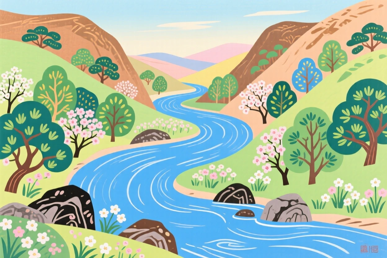 A winding river through a deep valley, in the soft light of early spring.