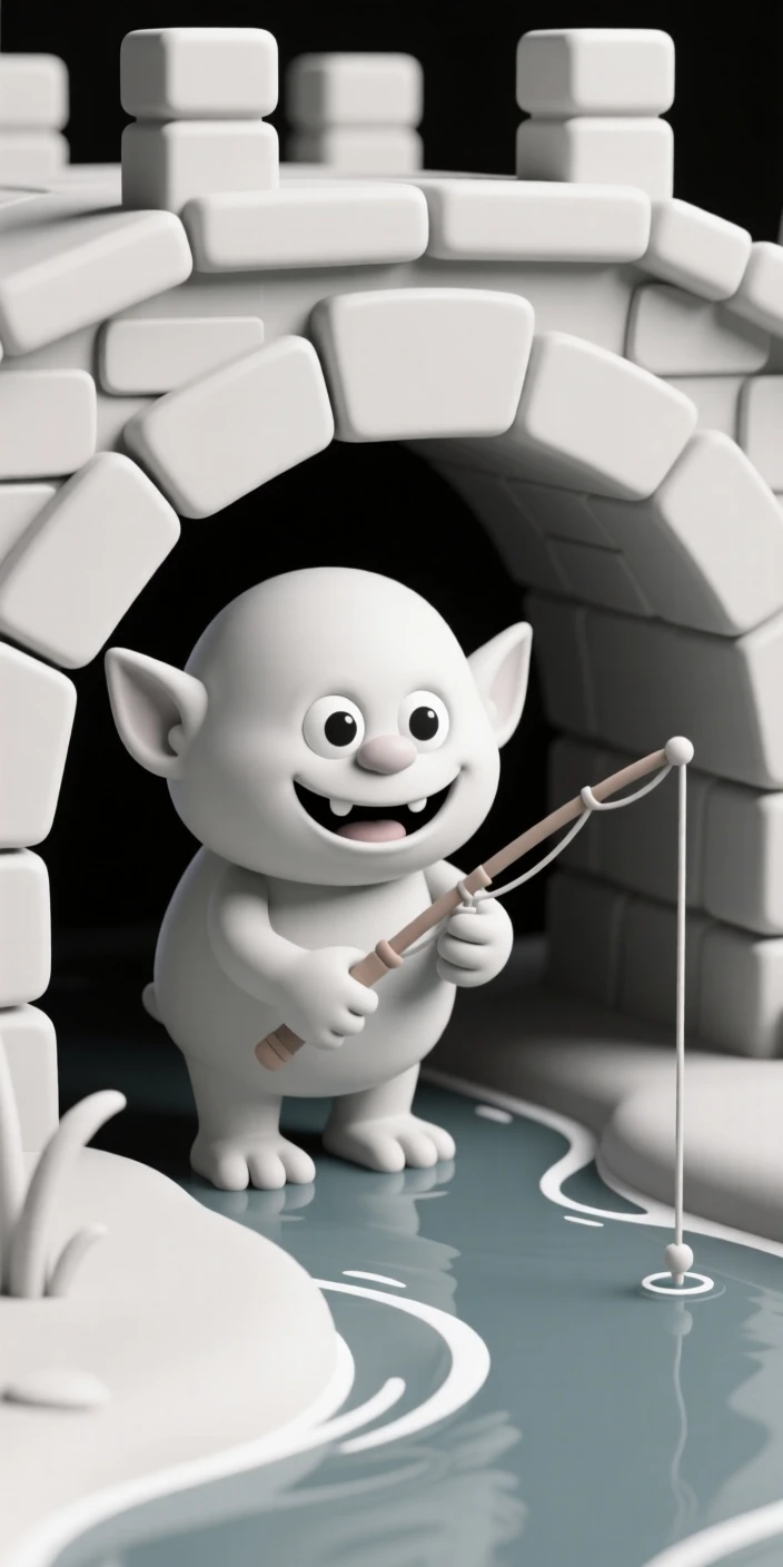 A cheerful troll peeks out from beneath a stone bridge, holding a fishing pole over a babbling brook.