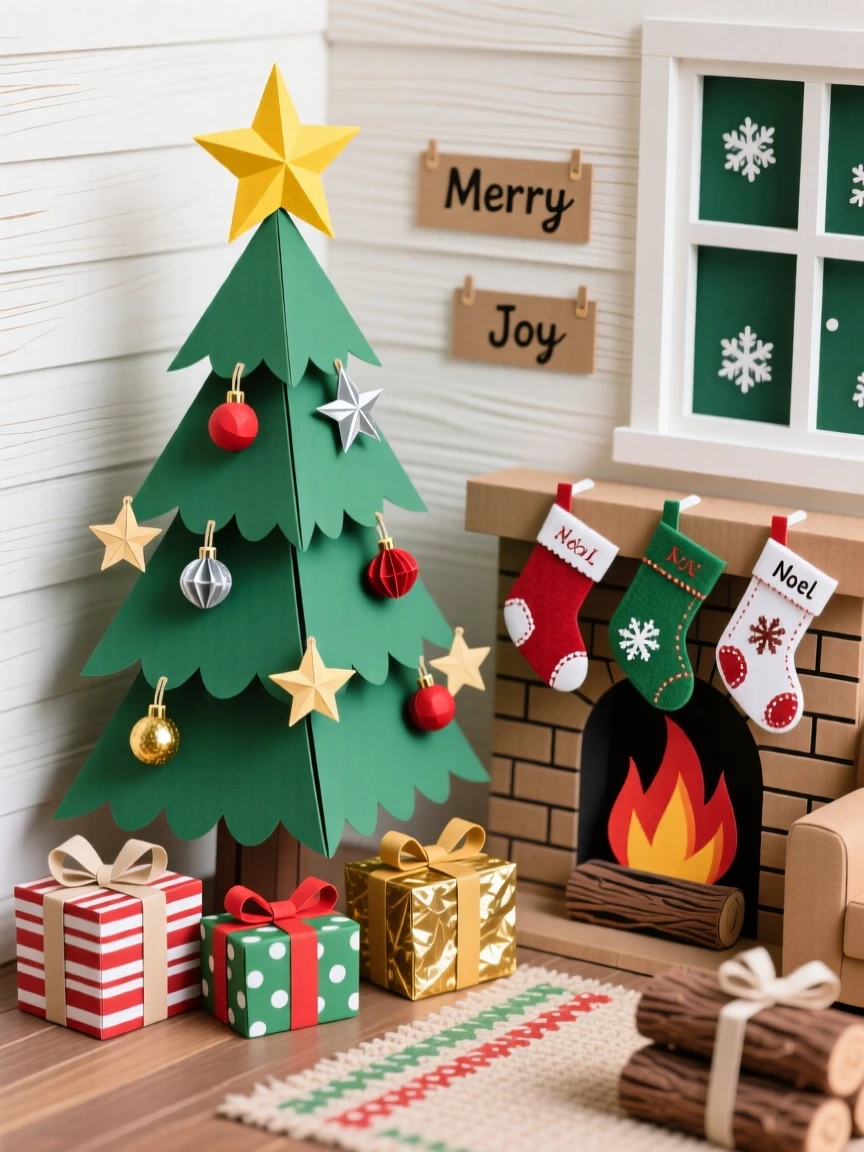 A cozy living room decorated for Christmas with a twinkling tree, wrapped presents, and stockings hung by a crackling fireplace, snow falling softly outside the window, evoking festive warmth.