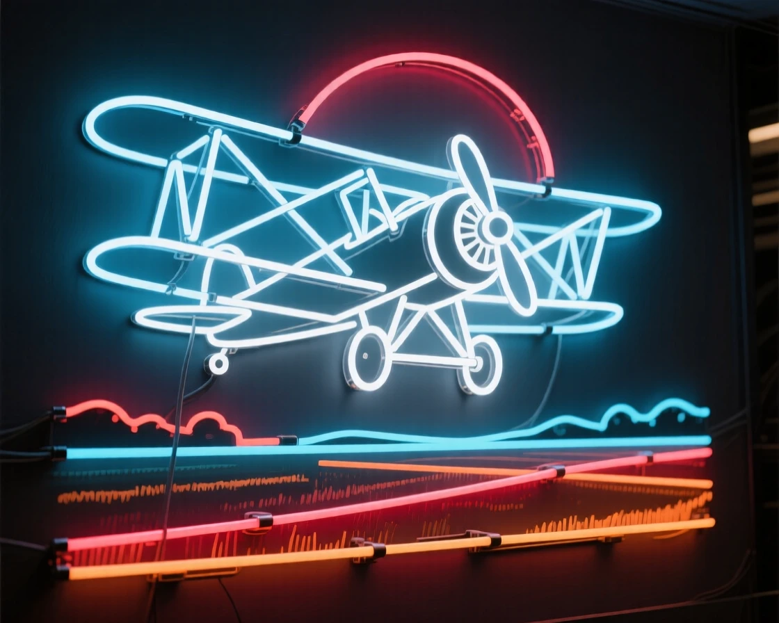 A biplane performing a loop above a rural airfield.