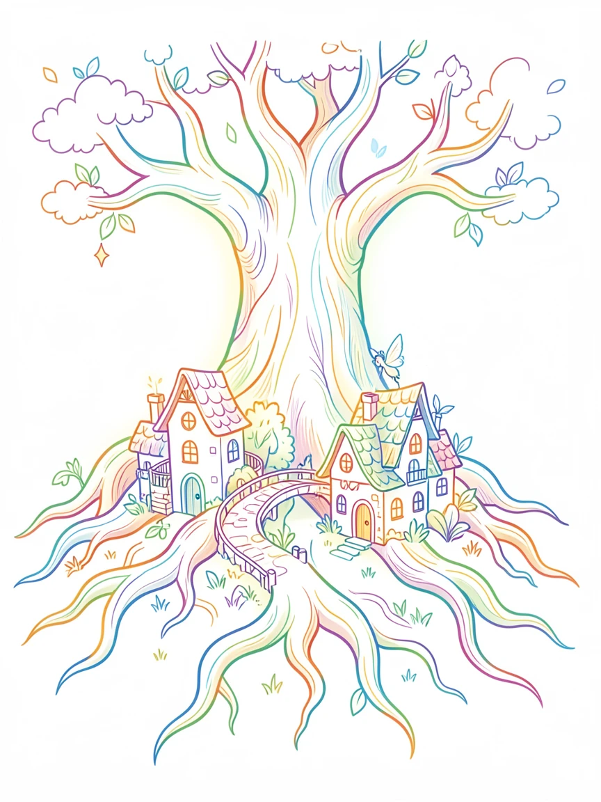 A fairy village built into the roots of an ancient glowing tree.