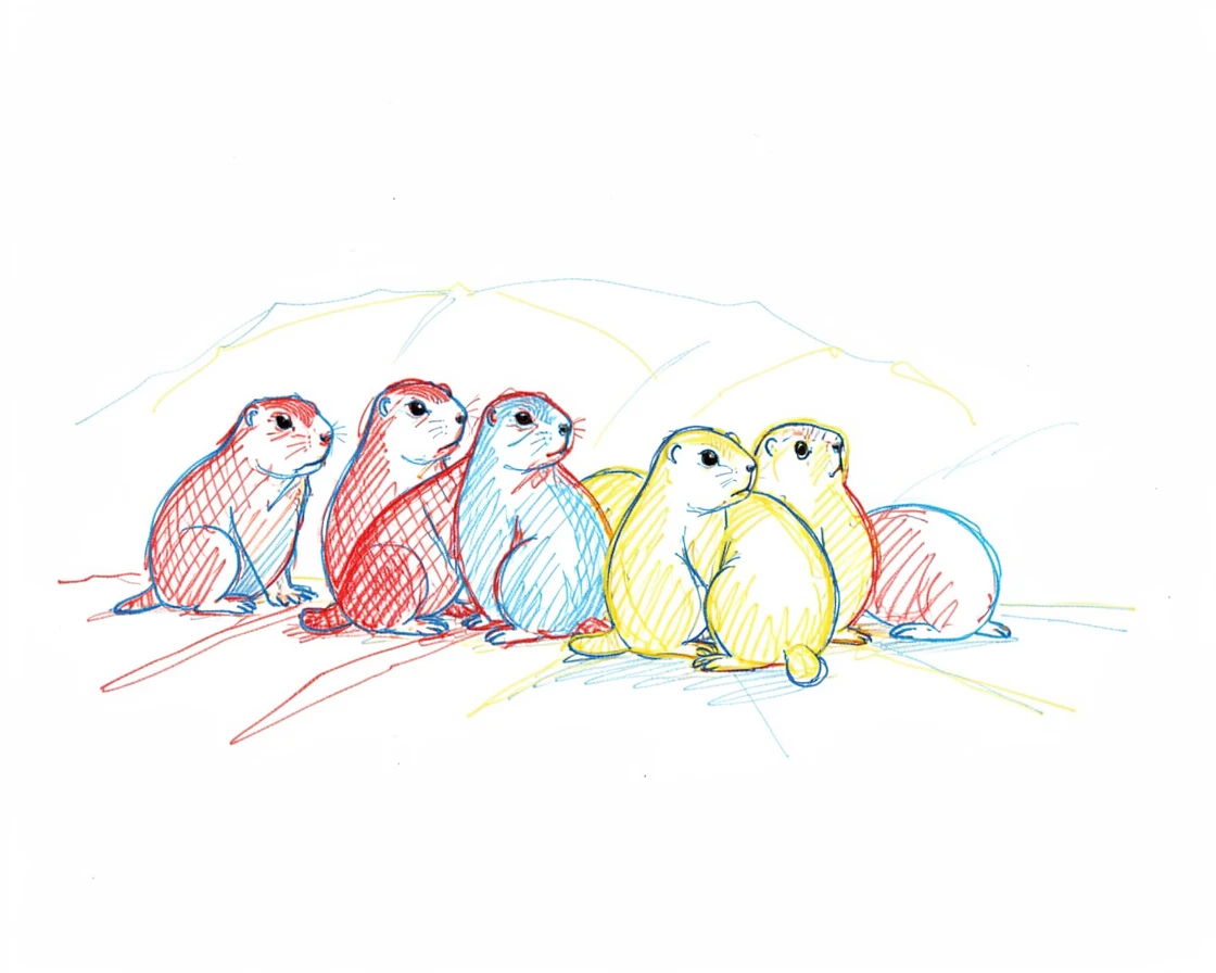 A group of prairie dogs standing alert outside their burrow entrances