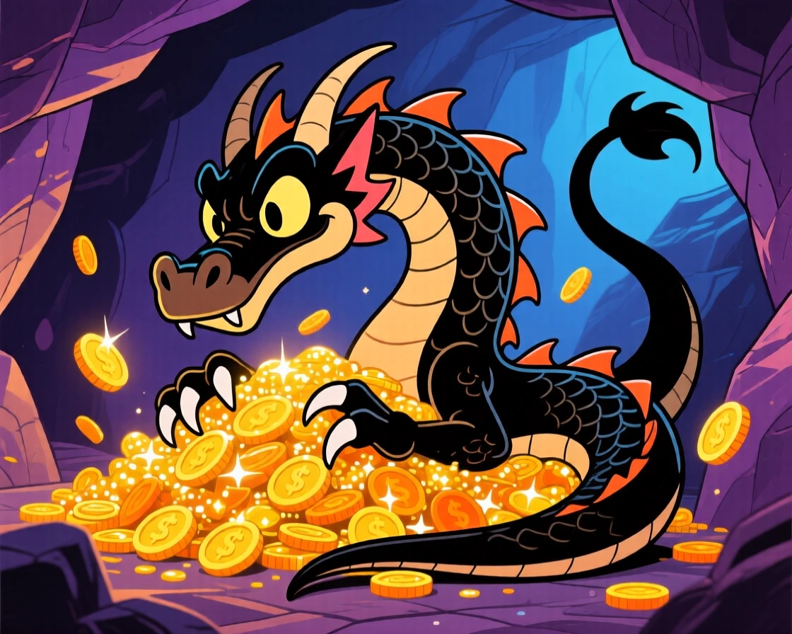 An imaginative fantasy scene of a dragon curling protectively around a pile of glittering gold coins in its cave.