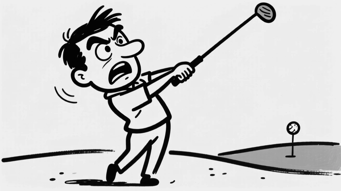 A golfer mid-swing, watching the ball soar toward the green.