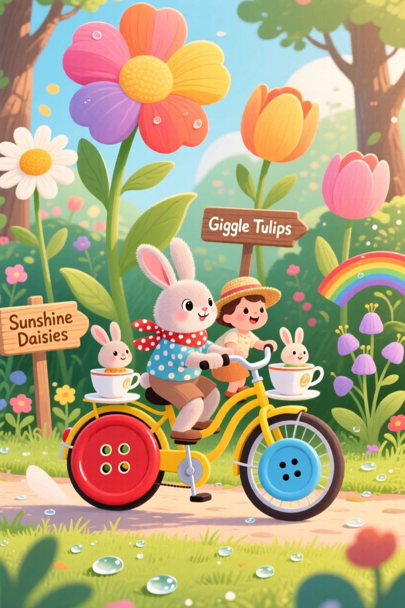 In a garden where flowers grow taller than trees, a family of teacup rabbits spends the day riding a bicycle with mismatched wheels made of buttons, with everything slightly too big or too small in a charming way.
