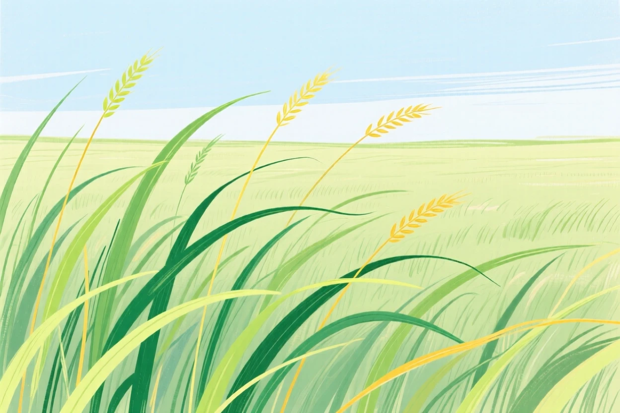 A field of tall grass rippling in the summer wind.