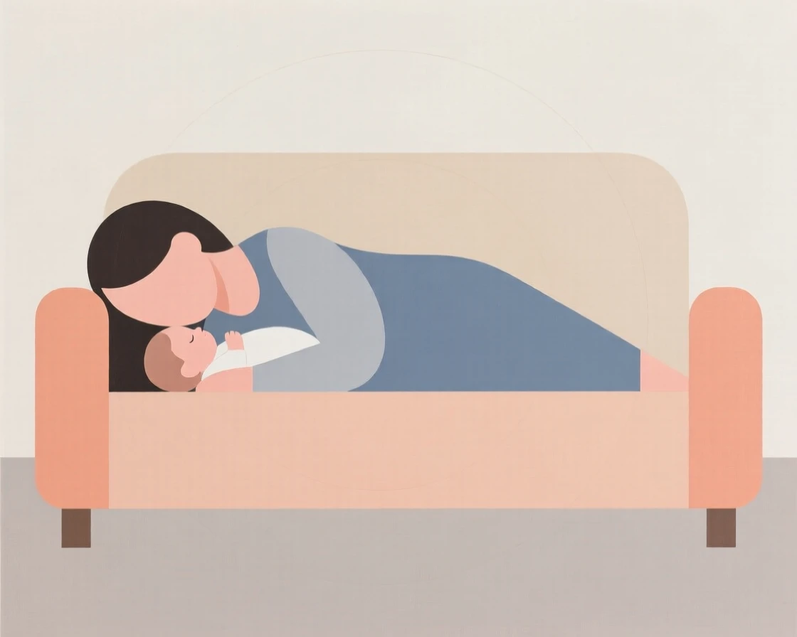 A mother and baby napping together on a couch
