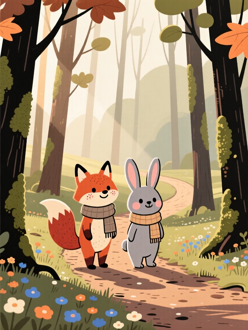 Sunlight filters through a quiet forest of moss-covered maples, casting warm afternoon light across a winding dirt trail scattered with patches of wildflowers.