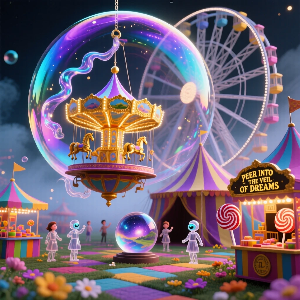 A miniature carnival glowing within a single soap bubble hums quietly with a life entirely its own, while everything beyond its edges fades into soft shadow.