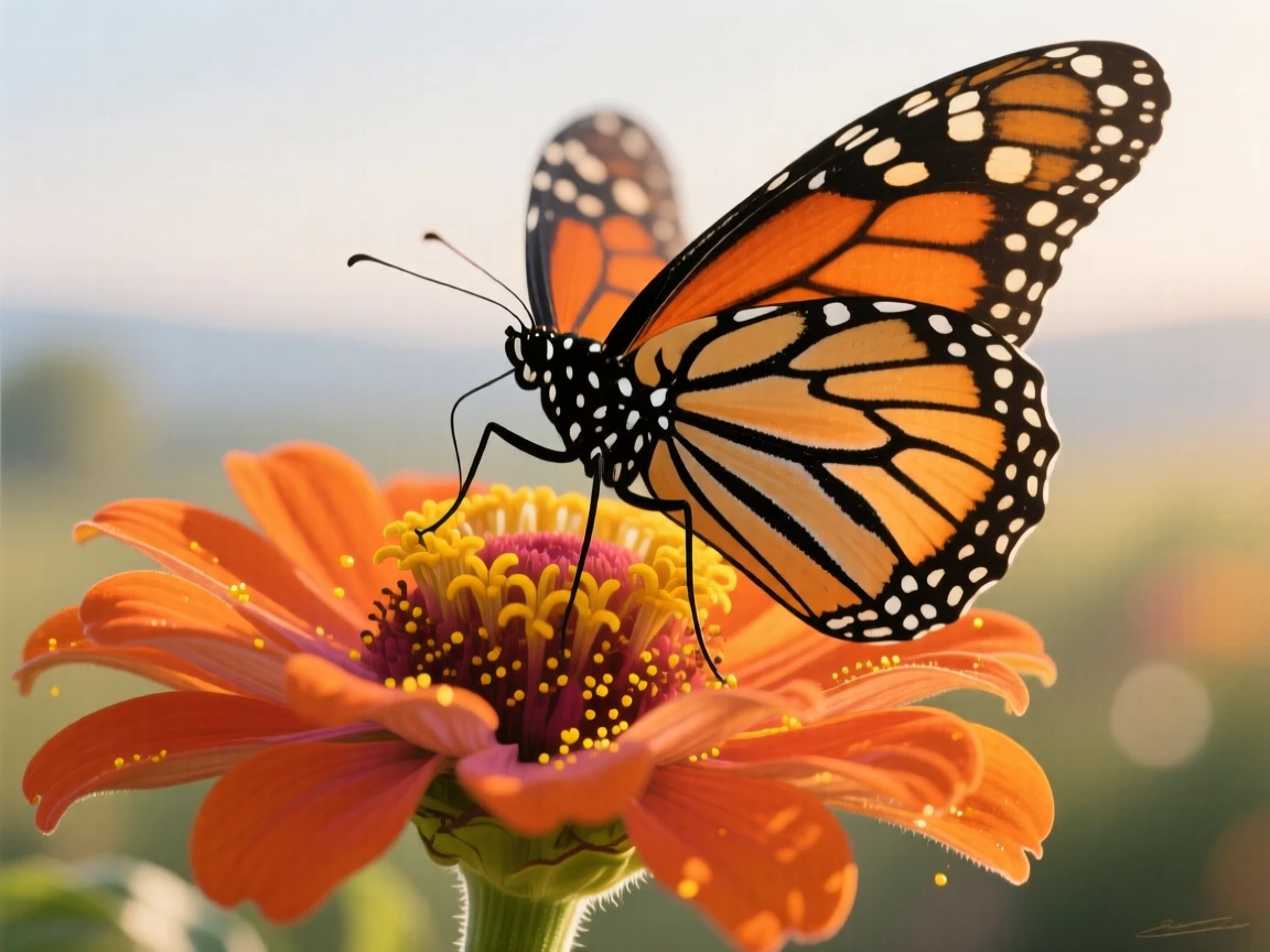 A close-up of a monarch butterfly resting on a bright orange zinnia, wings fully spread to catch the afternoon sun, pollen dusting its delicate legs, a faint haze softening the far horizon while nearer details remain crisp and vivid.