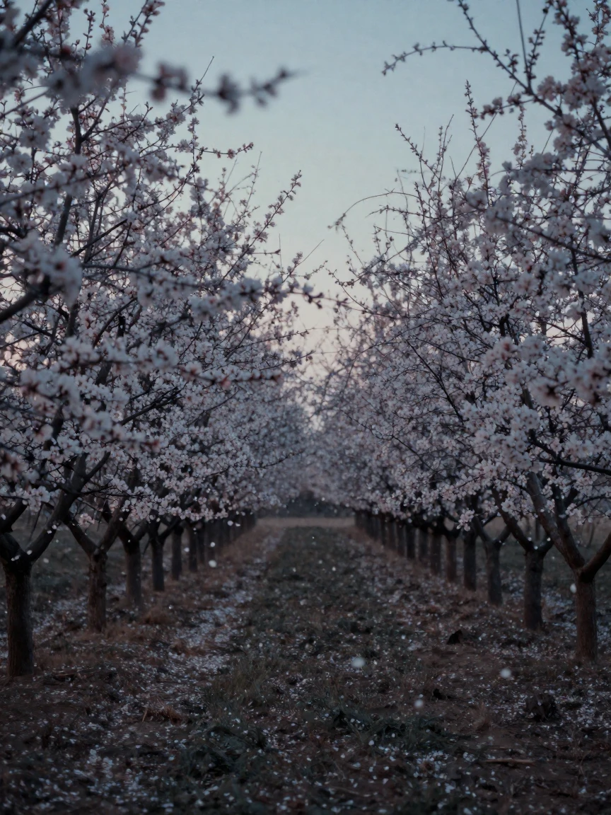 A blossoming orchard with petals drifting on a soft breeze, in the last light of dusk, in still, windless air, in early spring, in cool blues and silvery greys, peering through foliage in the foreground.