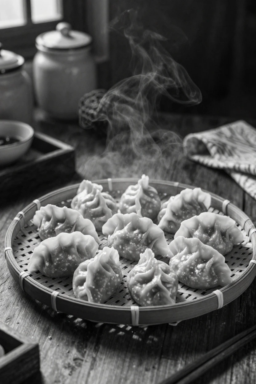 A plate of dumplings steams on a bamboo tray in a small family kitchen.
