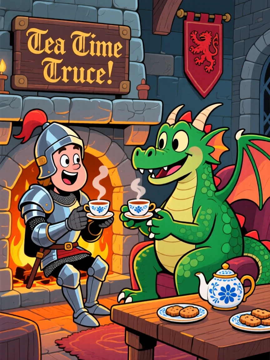 An imaginative fantasy scene of a knight and a dragon sharing an unlikely friendship over a cup of tea by a castle fire.