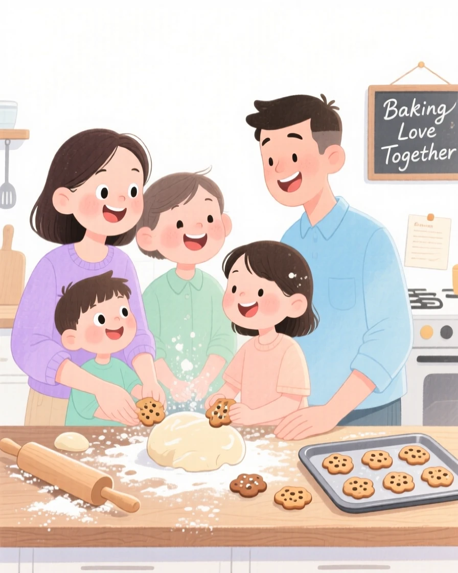 An adoptive family celebrating together baking cookies together in a flour-dusted kitchen