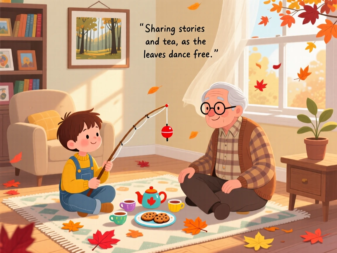 With his grandfather close by, a boy with a fishing rod is having a tea party on the living room floor, as autumn leaves swirl around them.
