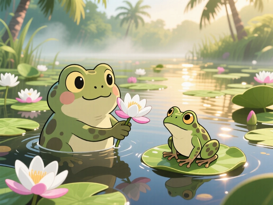 In a quiet lily-covered swamp, a friendly bog monster is offering a lily flower to a curious frog on a warm tropical afternoon, bathed in shimmering reflected light off water, expression full of proud determination. Shot as an over-the-shoulder view.
