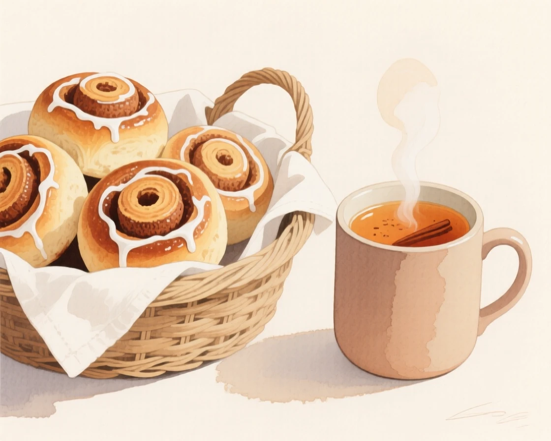A basket of warm cinnamon rolls with icing drizzled on top sits beside a mug of spiced apple cider