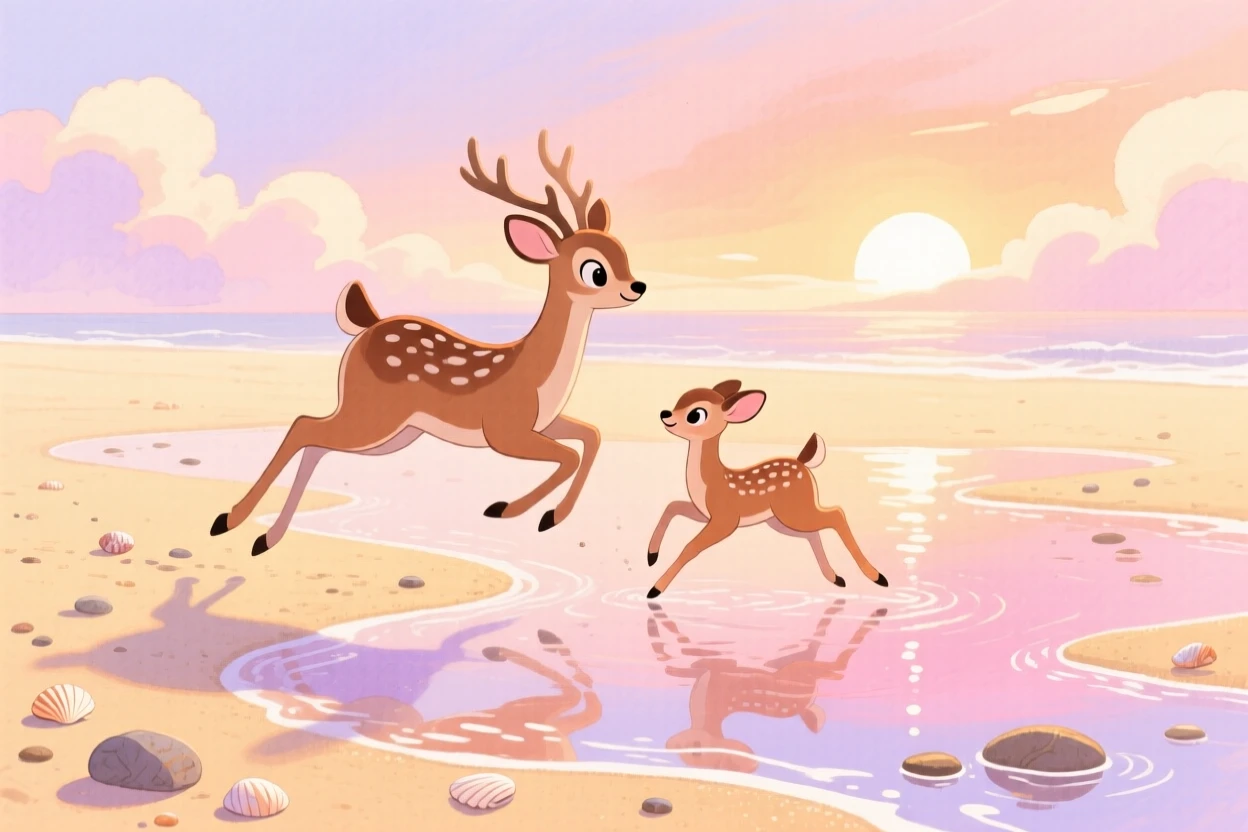A gentle deer and her fawn playing joyfully in a sandy beach at low tide at sunrise.