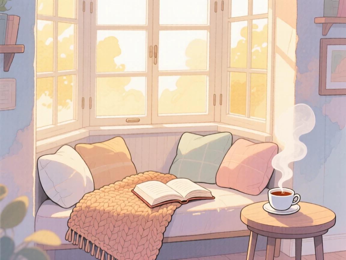 A reading nook tucked into a bay window with cushions and a warm knitted throw, with steam curling gently upward, evoking a gentle, unhurried happiness.