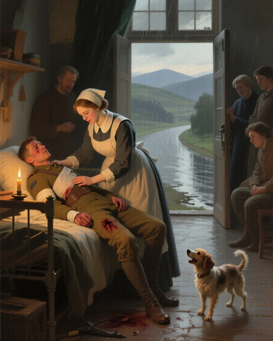A nurse comforting a wounded soldier in a candlelit ward at the moment hope and fear collide, set on a rain-soaked road leading toward distant hills, with a small dog circling excitedly at the family's feet; the surrounding onlookers form a soft frame around the emotional core, aching with bittersweet longing and hard-won joy.