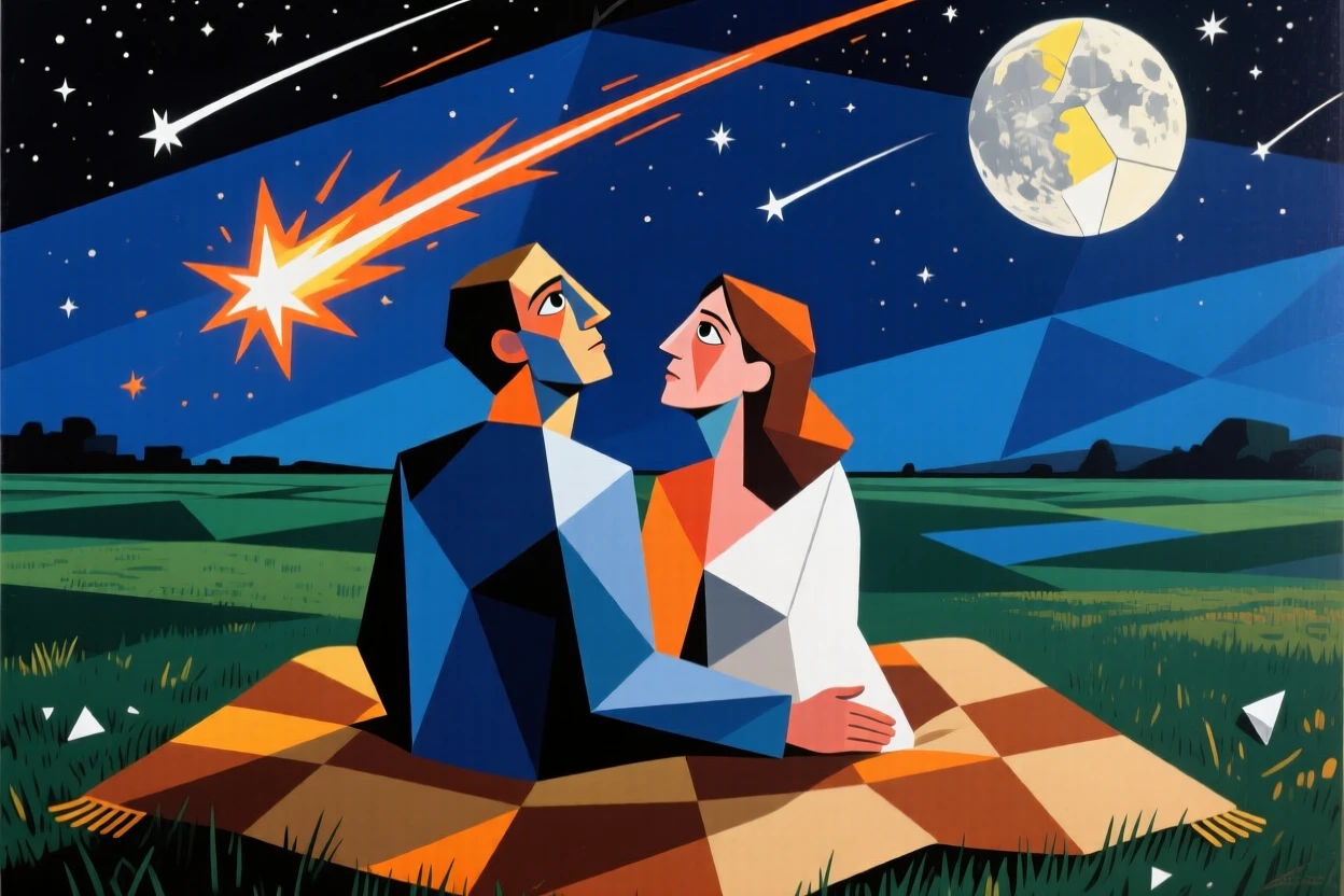 A couple watching a meteor shower from a blanket in an open field.