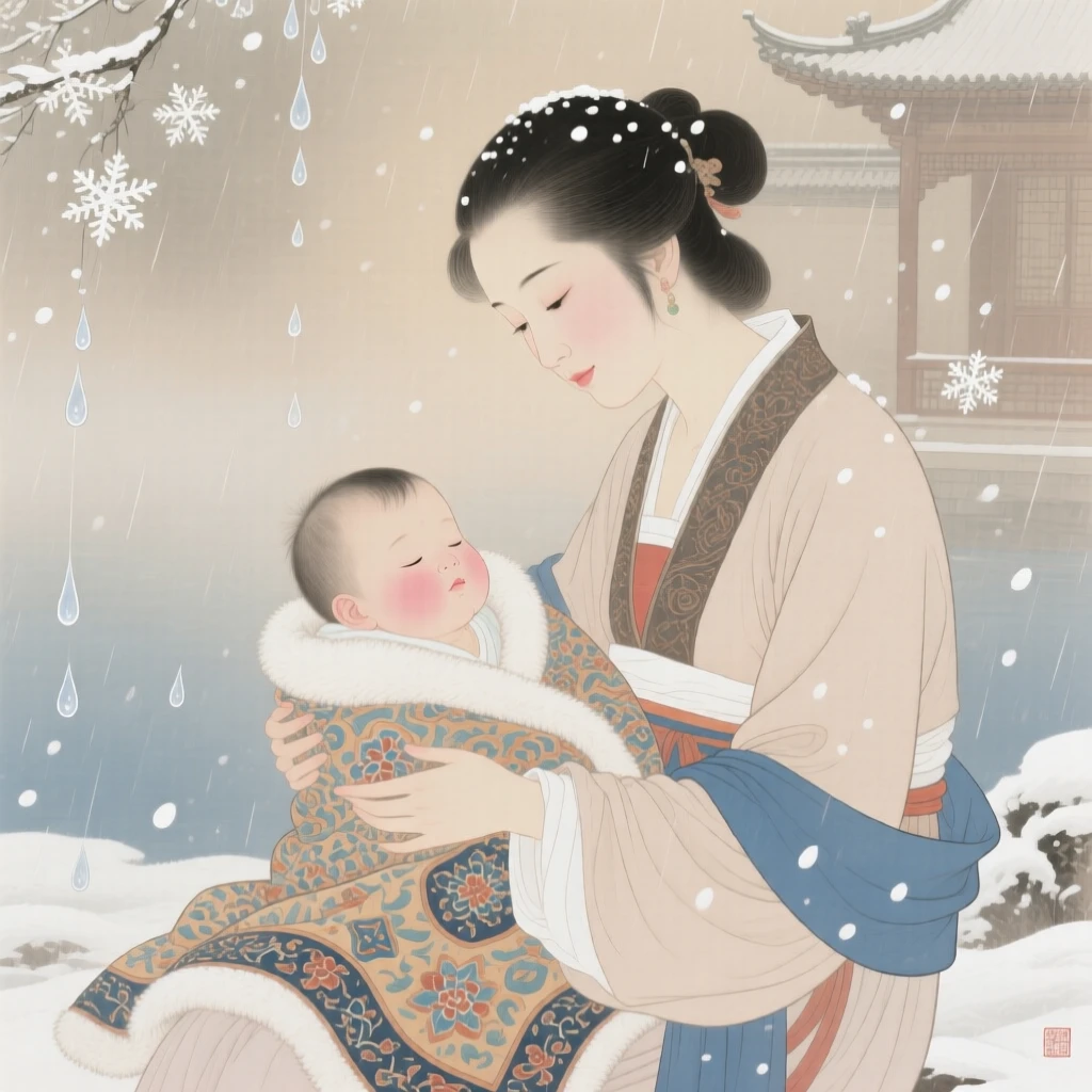 A mother wrapping her child in a warm blanket during a snowfall, as soft rain begins to fall