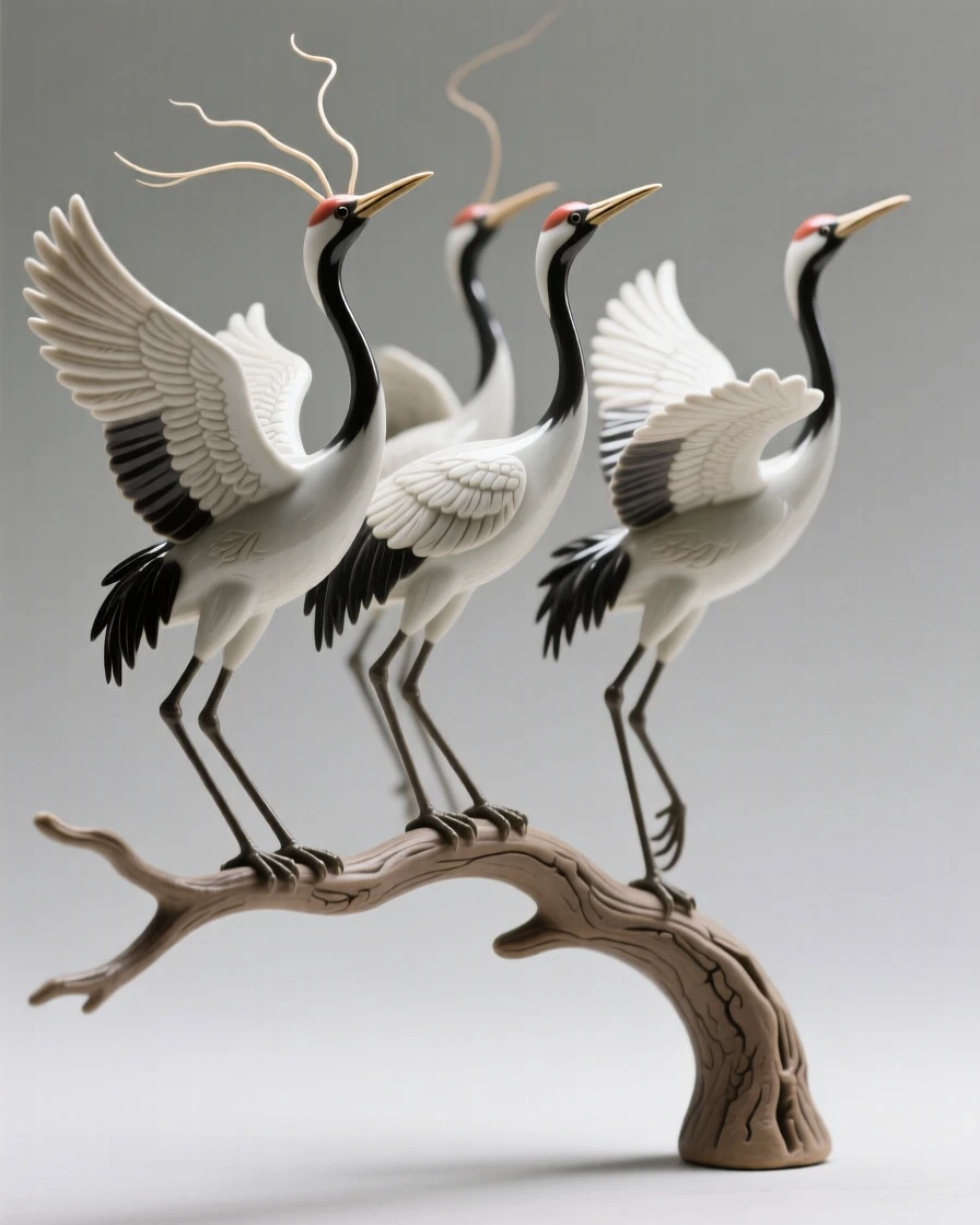 A flock of cranes taking flight together poised delicately on a slender branch, with delicate antennae catching the breeze, radiating delicate, fleeting beauty.