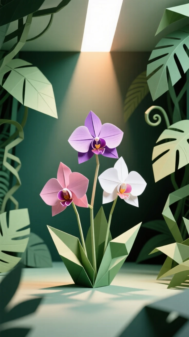 A hidden jungle clearing where a shaft of light reveals a cluster of exotic orchids.