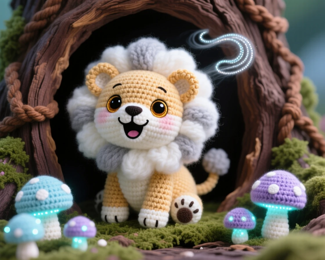 a round baby cloud lion cub, with a soft misty mane, roaring playfully at a passing breeze, within a cozy hollow inside a giant tree trunk, near a cluster of luminous mushrooms, radiating joyful mischief and sparkling delight.