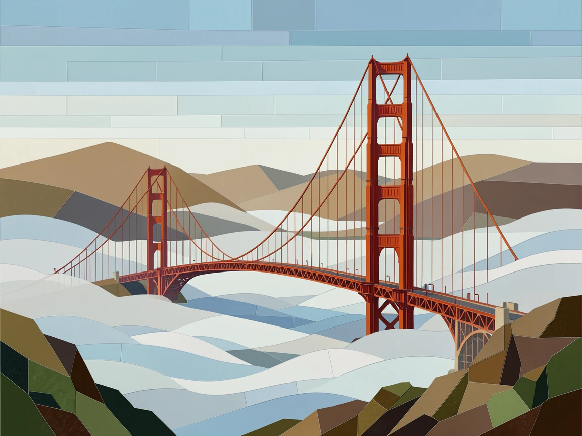 The golden gate bridge emerging from morning fog, viewed from a dramatic elevated vantage point.