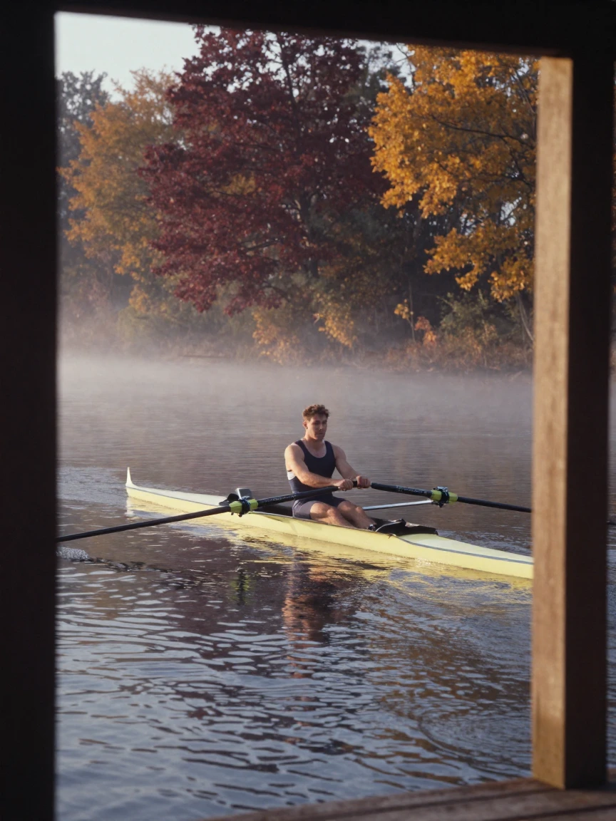 A rower gliding across misty water at dawn, in gentle diffused daylight, on a clear, cloudless day, in late autumn, with rich burgundy and gold accents, framed through an open doorway.